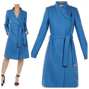 NEW TED BAKER Kikiie Blue Cashmere Wool Drape Neck Belted Tie Waist Wrap Coat